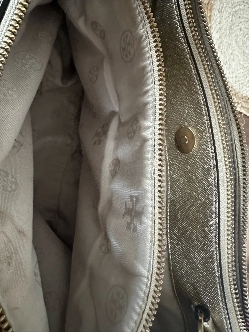Tory Burch Metallic Gold Saffiano Satchel with Detachable Strap